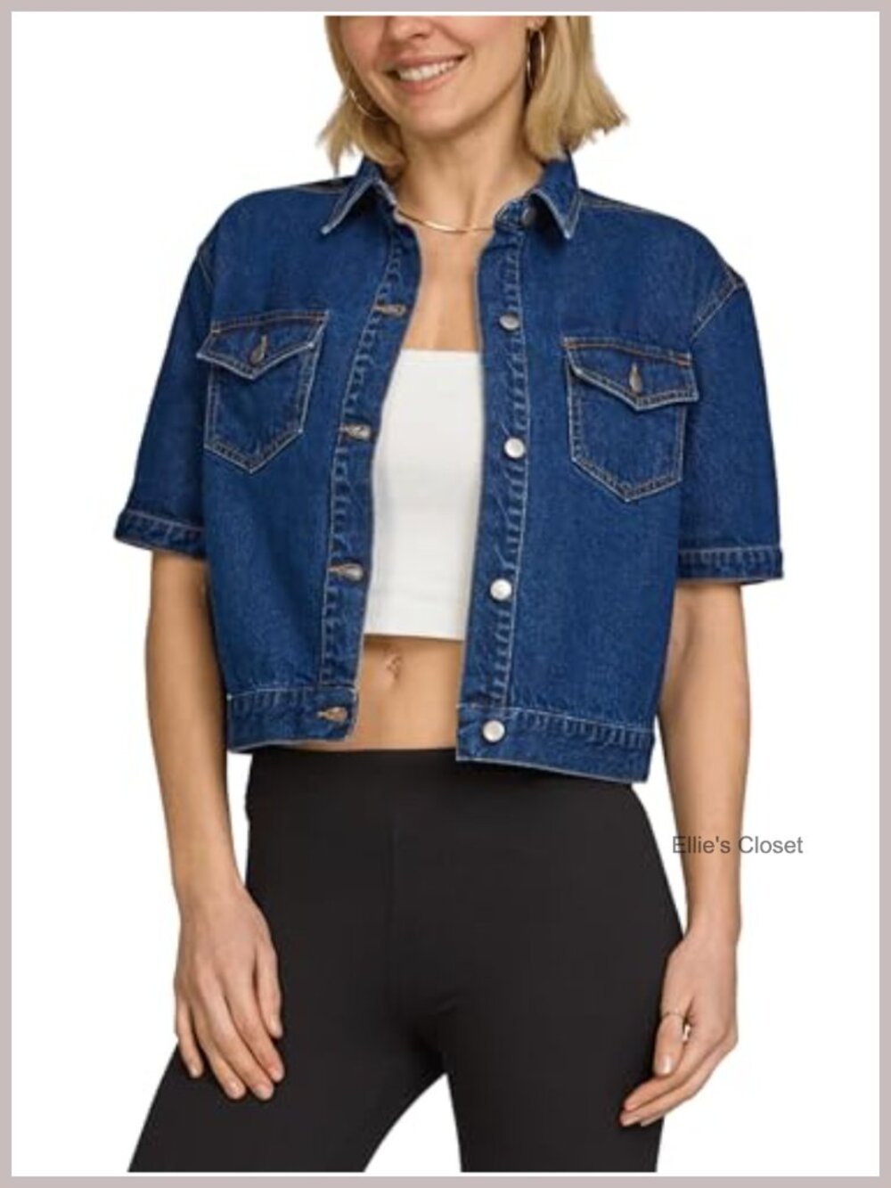 Cropped Denim Jacket Women Short Sleeve Button Front Lightweight